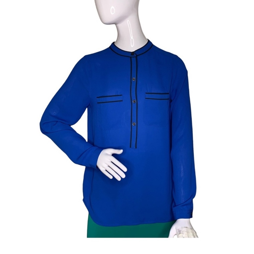 Ann Taylor Loft Blouse Long Sleeve Royal Blue Black Trim Front Pockets Size S